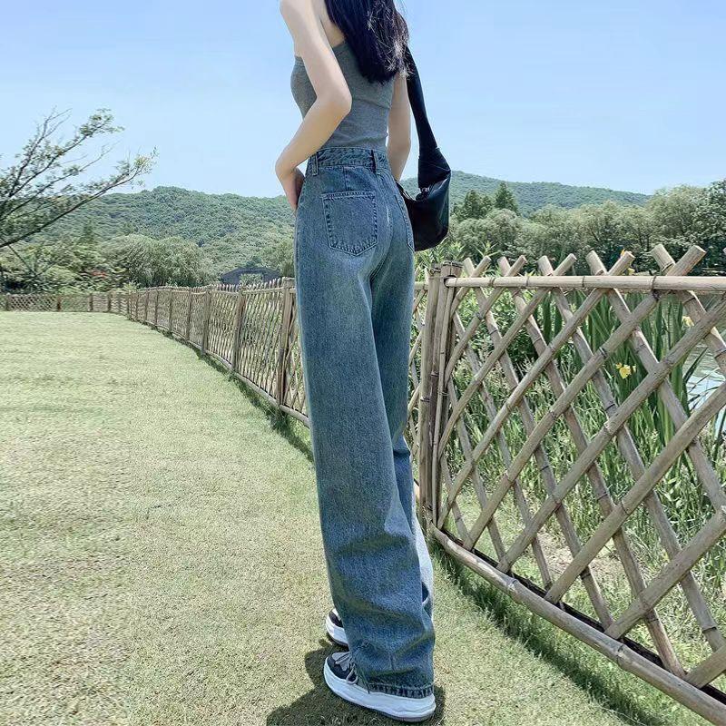 Весенние и осенние женские джинсы с регулируемой талией и высокой талией, прямые брюки в стиле ретро, ​​широкие длинные брюки со шваброй