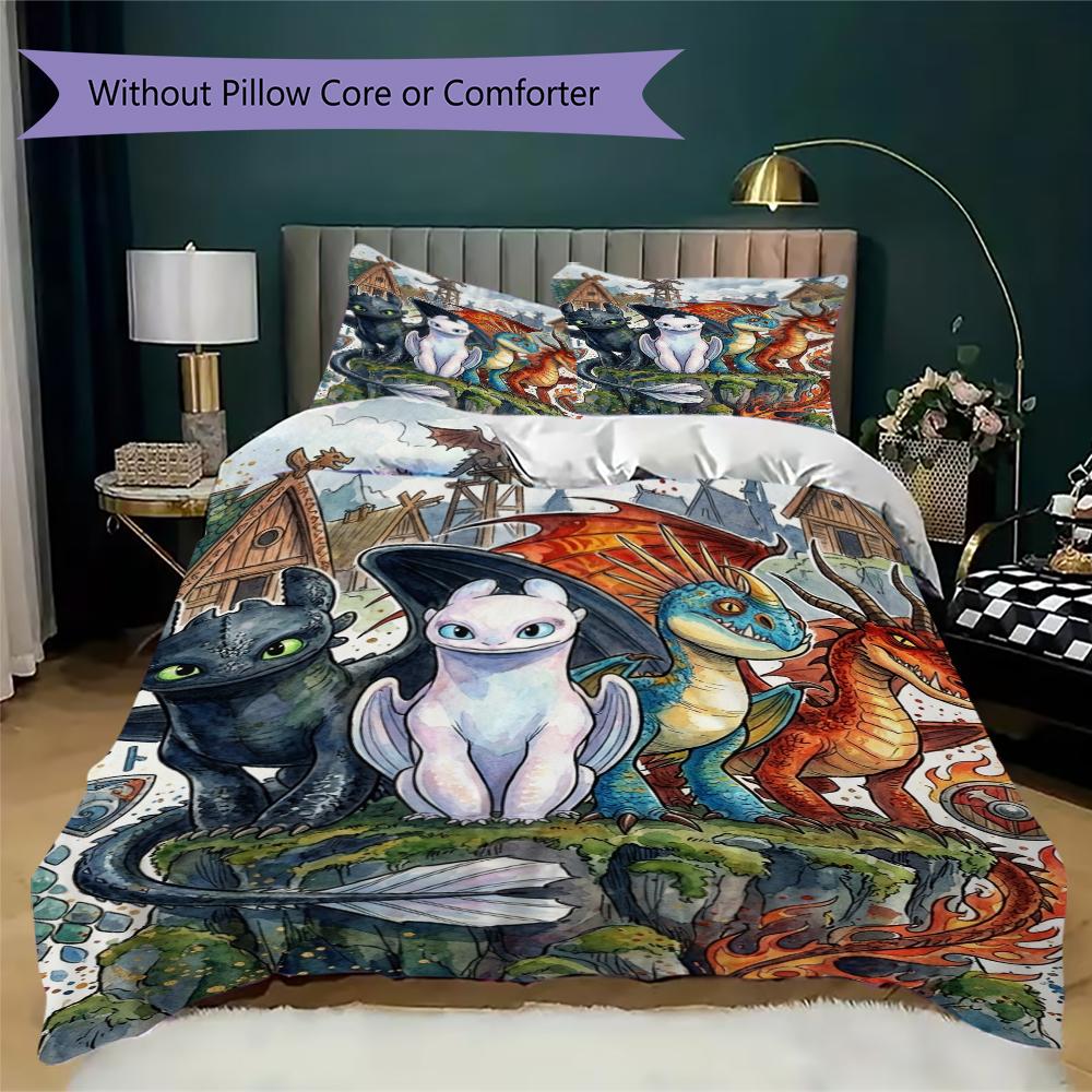 How to Train Your Dragon Pattern Bedding uilt Set uilt Cover Pillowcase Home Decoration Birthday Gift (1 * duvet cover + 2 * pillowcase without core)