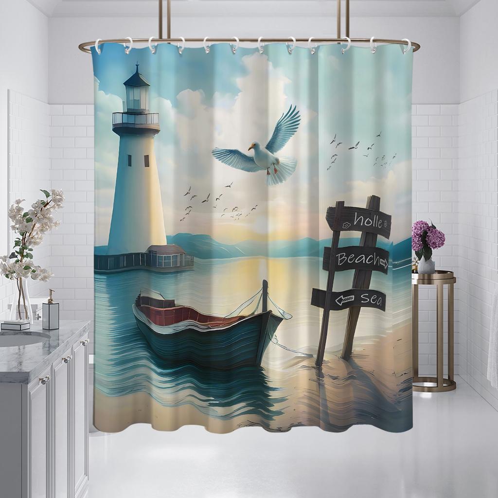 1PC Seaside Boats, Lighthouses, Seagulls Pattern Printed Shower Curtain, Waterproof, with 12 Hooks, Bathroom Shower, Home Use