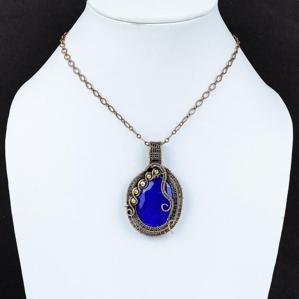 Созданный в лаборатории синий сапфир, ювелирные изделия, подвеска ручной работы из чистой медной проволоки, обернутая драгоценными камнями