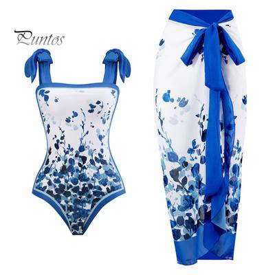 Женское монокини с принтом, 2 шт./компл., цельный купальник-бандо с юбкой на бретельках, горячий весенний купальник с пляжной накидкой
