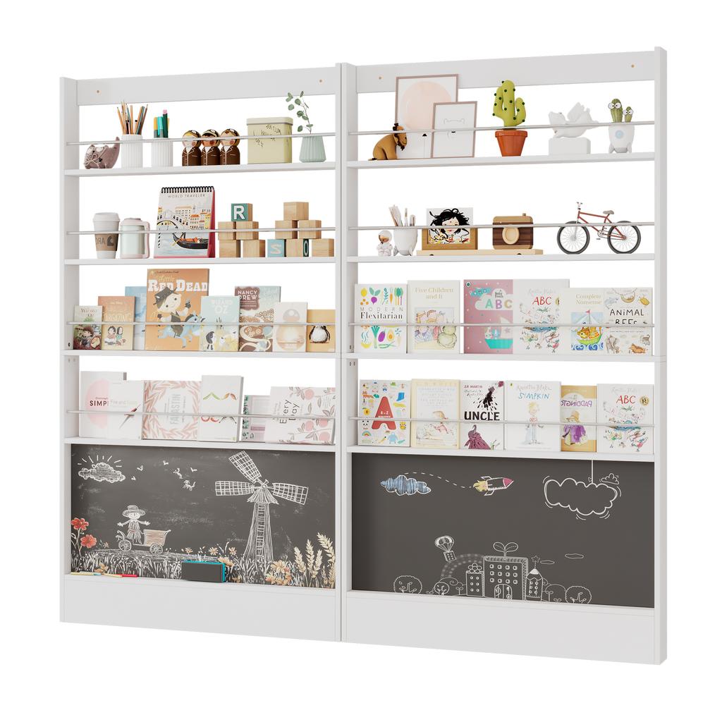 Picture Book Shelf, Set of 2 Bookshelves, 4-Tier Storage Shelf + Paintable Blackboard, Anti-Tip/Space Saving, Behind the Door, 200*10*180cm