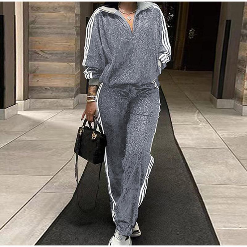 Модный комплект из 2 предметов с пайетками, женская куртка с длинным рукавом на молнии в полоску, пальто и прямые брюки, женский комплект одежды для вечеринок и клубов, весна 2025 г.