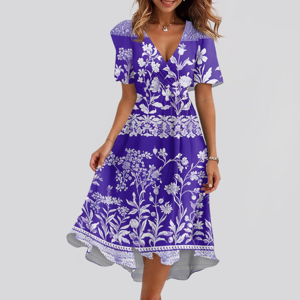 Women's Loose Casual V-Neck Flared Skirt Short Sleeved Printed Dress Printed Dress