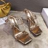 Summer Women 9cm High Heels Strappy Gold Prom Sandals Fetish Sandles Lady Valentine Stripper Sexy Luxury Brand Up Toe Shoes