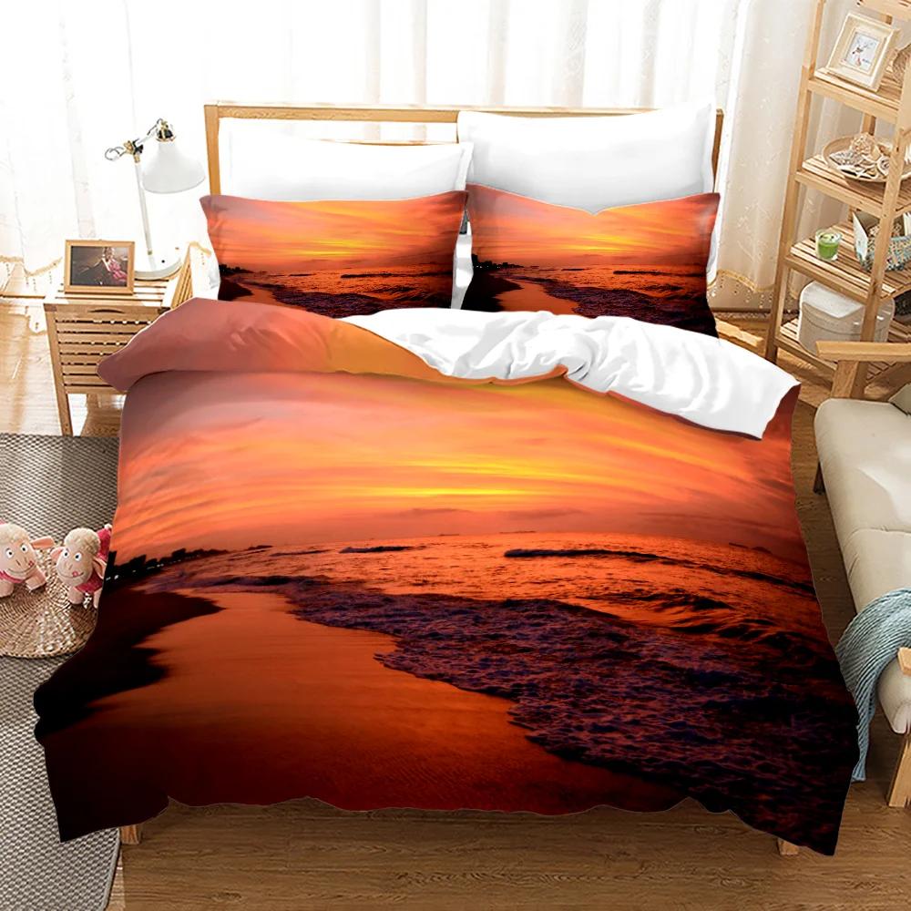 Beach Setting Sun Duvet Cover Set Tropical Island With The Palm Tree And Sea Beach Nature Theme Queen Size Quilt Cover