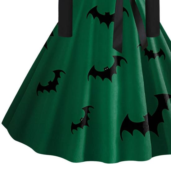 Женское платье на Хэллоуин 1950-х годов Ретро-трапеция с большими качелями и длинными рукавами Винтажное платье-качели с принтом летучей мыши и тыквы Коктейльный костюм для выпускного вечера