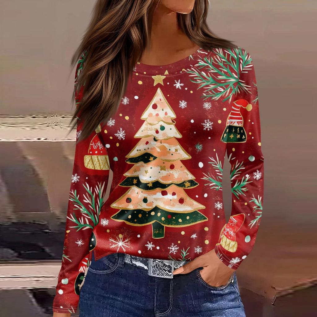 Женская модная повседневная футболка с разрезом и круглым вырезом, длинным рукавом, свободная, с принтом, женская футболка на Рождество