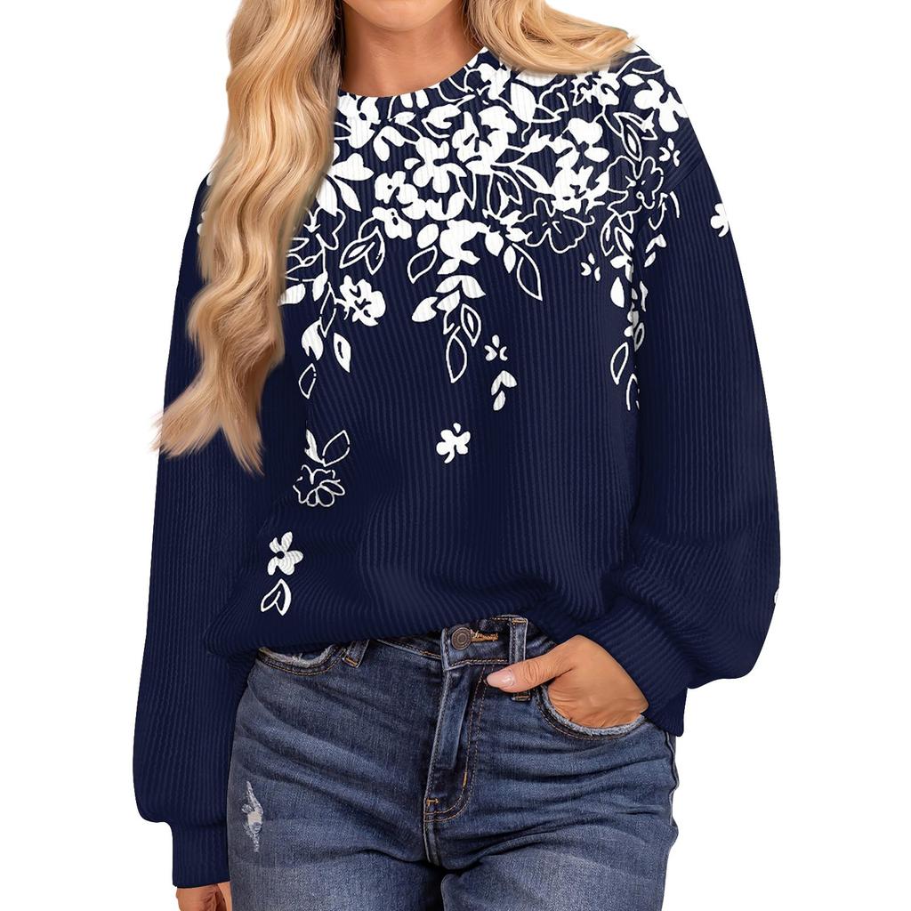 Women's Fashion Printed Ribbed Long Sleeve Drop Shoulder Loose Round Neck Top