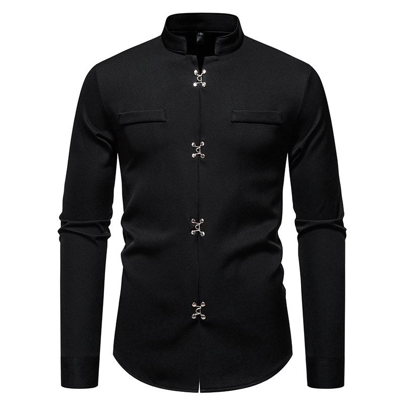 Men's Casual Solid-color Long-sleeved Shirt, Men's Slanted Front Button-down Stand-up Collar Shirt