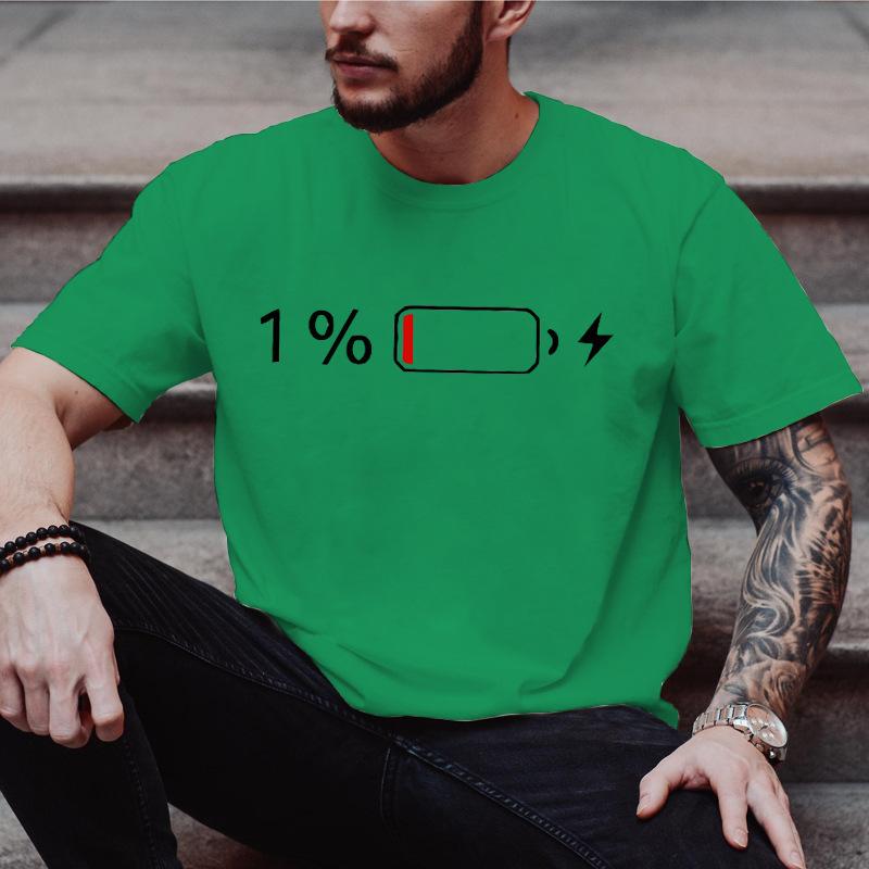 Unisex Crew Neck Low Battery One Percent Print Short Sleeve Cotton Tee Casual Summer Streetwear Loose Basic Daily Outdoor Wear Top