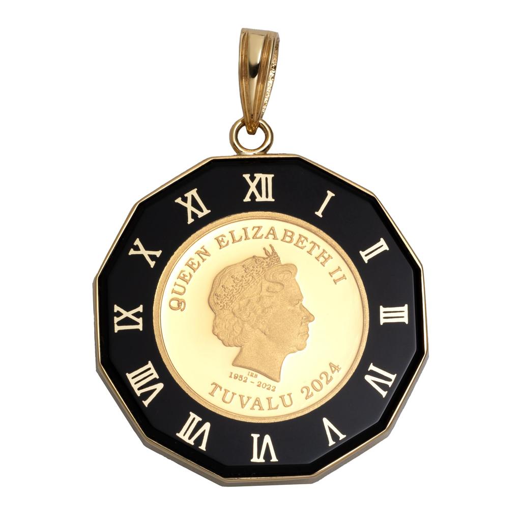 Монета-подвеска Тувалу Лошадь Часы Рамка [Сказочный стеклобой] K24/18 1/25 унции (черный)