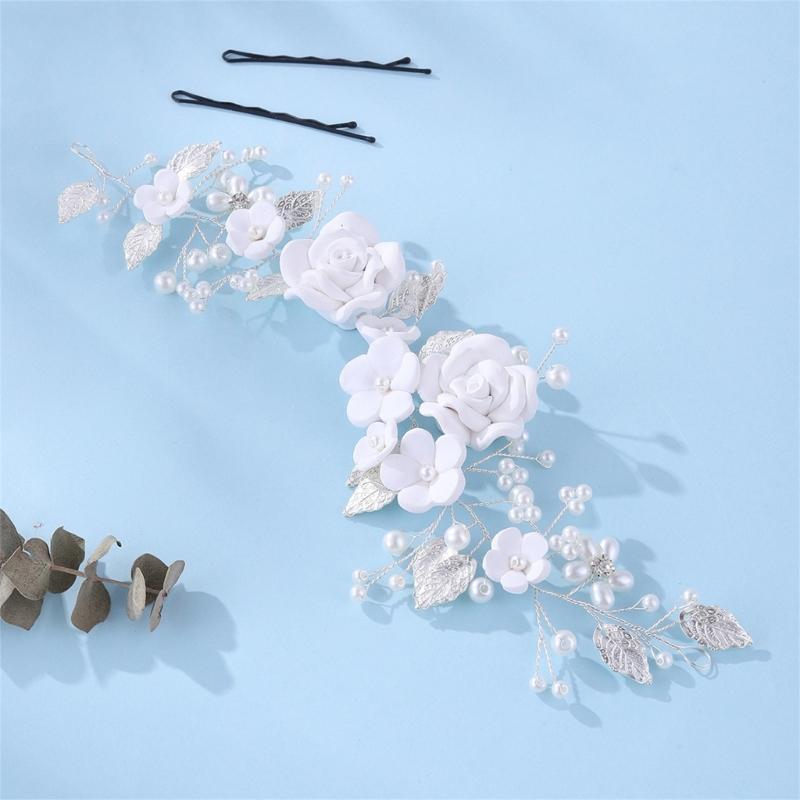 Elegant Artficial Pearls Flower Hair Vine Bridal Flower Hairband For Wedding Bride Bridesmaid And Flower Girl Photography