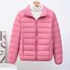 Down jacket women's European goods, light and fashionable hooded short, large size plus fat white duck down stand-up collar warm jacket