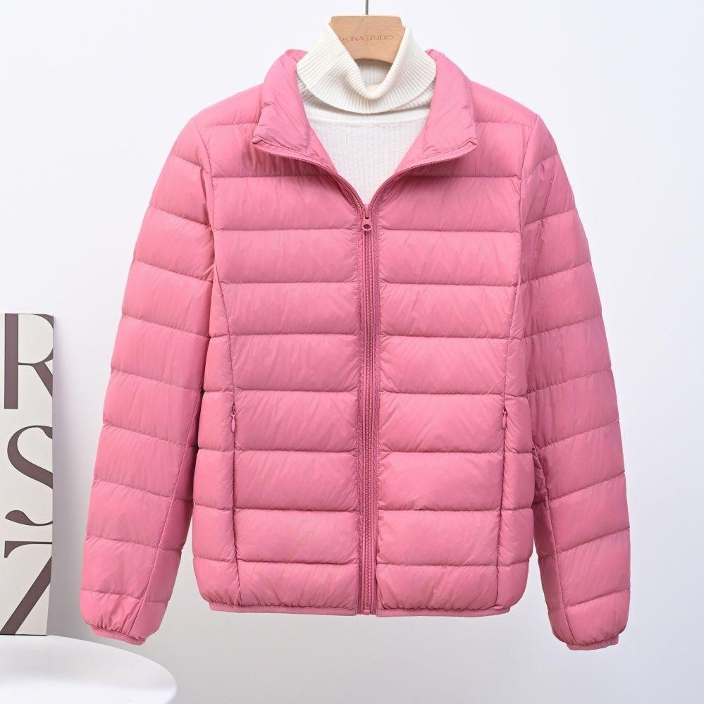 Down jacket women's European goods, light and fashionable hooded short, large size plus fat white duck down stand-up collar warm jacket