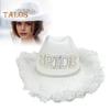 Bride Cowgirl Hat Faux Pearl Rhinestone Decor Furry Edge Large Brim Sun Protection Retro Western Style Stage Show Performance Wedding Party Cap
