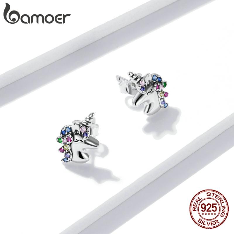 BAMOER стерлингового серебра 925 пробы острый рогатый конь Радуга красочный циркон милые пони серьги для женщин ювелирные изделия