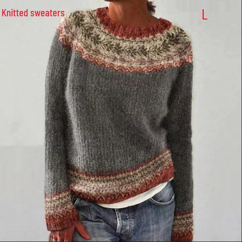 Women's Color Block Round Neck Loose Fashion Sweater - Hot Sale