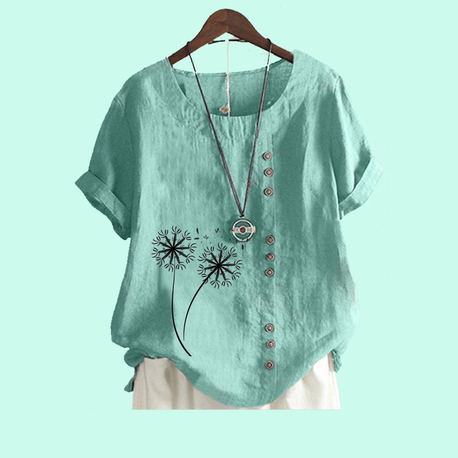 Women Casual Short Sleeved Blouse Laides Cotton Linen Top Fashion Floral Printed Loose T-shirt