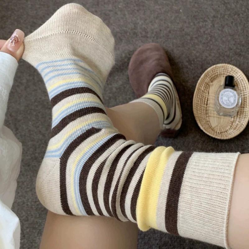 1 Pair/4 Pairs Women's Korean Retro Striped Socks, Mulard Color Blocking Ankle Socks, Breathable Cotton Birkentragen Stacking Socks