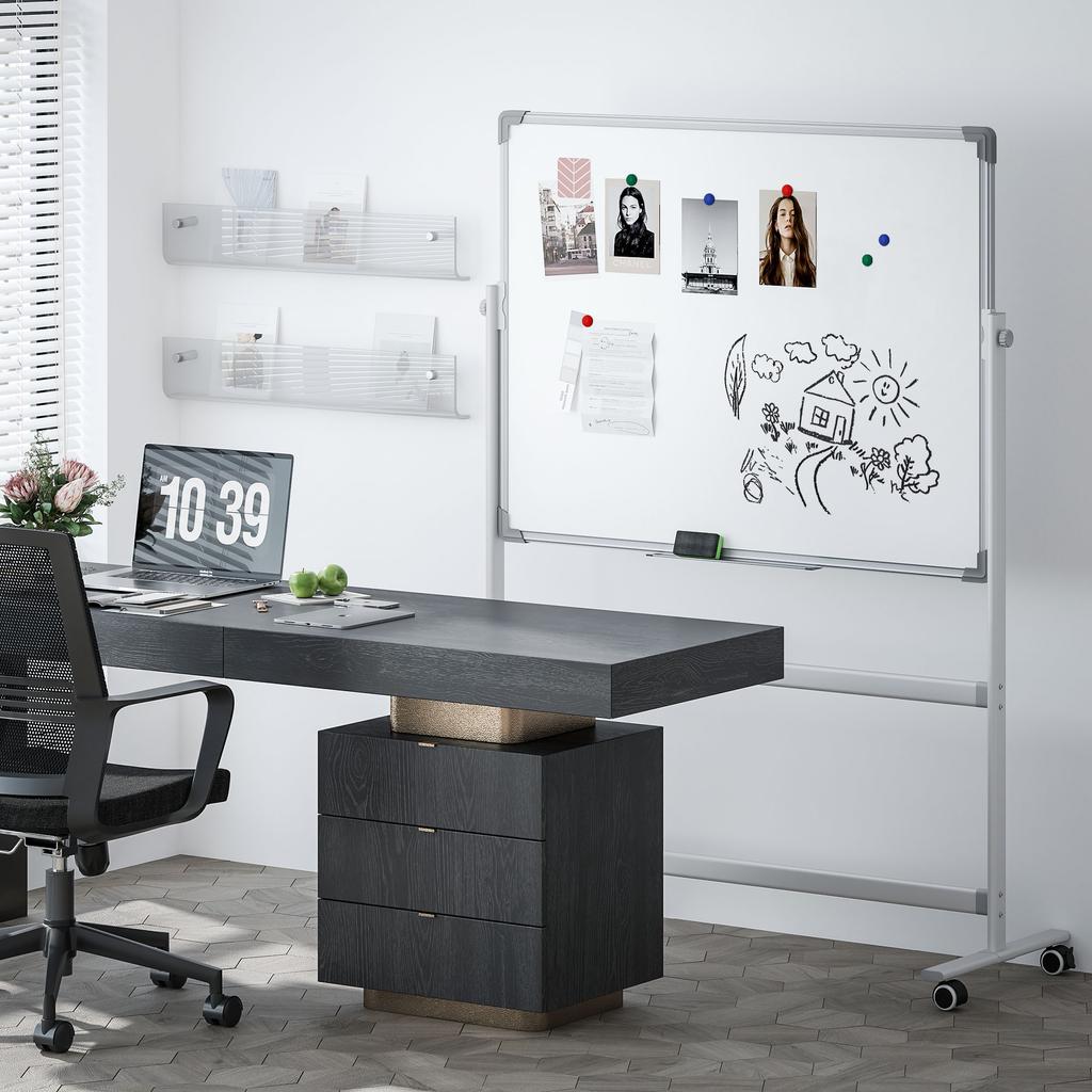 Whiteboard, 120 x 90 cm, Magnetic, Rotatable, Mobile, incl. Marker & Eraser, Metal Frame, White