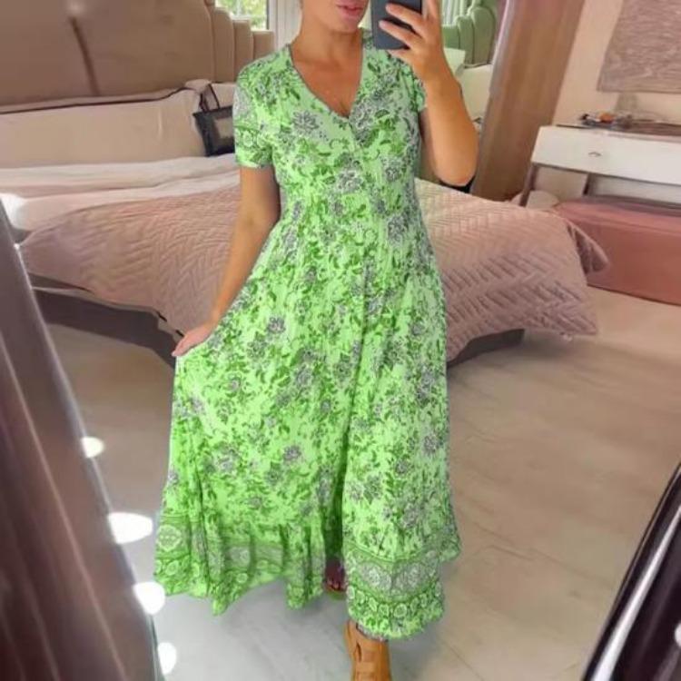 Casual Dresses - Floral Print V Neck Maxi Dress Women High Waist A-line Ruffle Hem Swing Pleated Beach Dress Ankle Length Dating