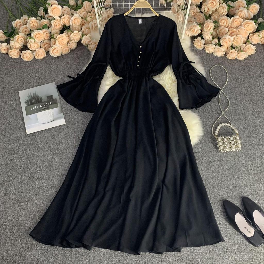 Длинное платье весна-осень для женщин, элегантное, с V-образным вырезом, расклешенными рукавами и высокой талией, праздничное, пляжное, макси-платье