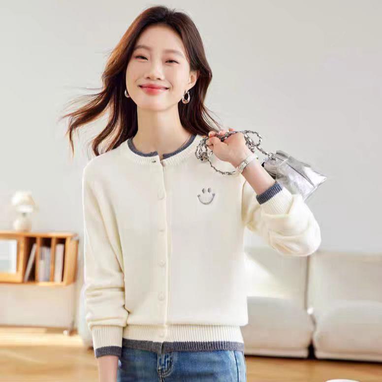 Knitted Cardigan Women's Autumn and Winter Round-neck Sweater Coat Color-blocked Cardigan Loose Short Fake Two-piece Top