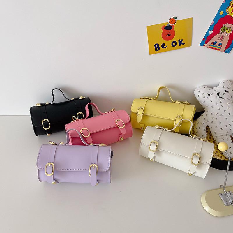 Stylish Korean Children's Bag For Girls Fashionable Cylinder Tote Purse In Bright Colors