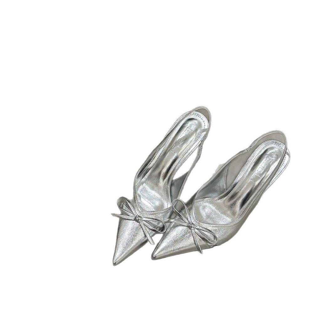Pointed Bow Bag Head Sandals Women's 2025 Summer New Back Strap French Stiletto Middle Heel Shoes High Heel Single Shoes