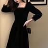 Square Neck Gold-edged Velvet Dress In Spring and Autumn New Retro Hepburn Style with Black Temperament Mid-length Skirt