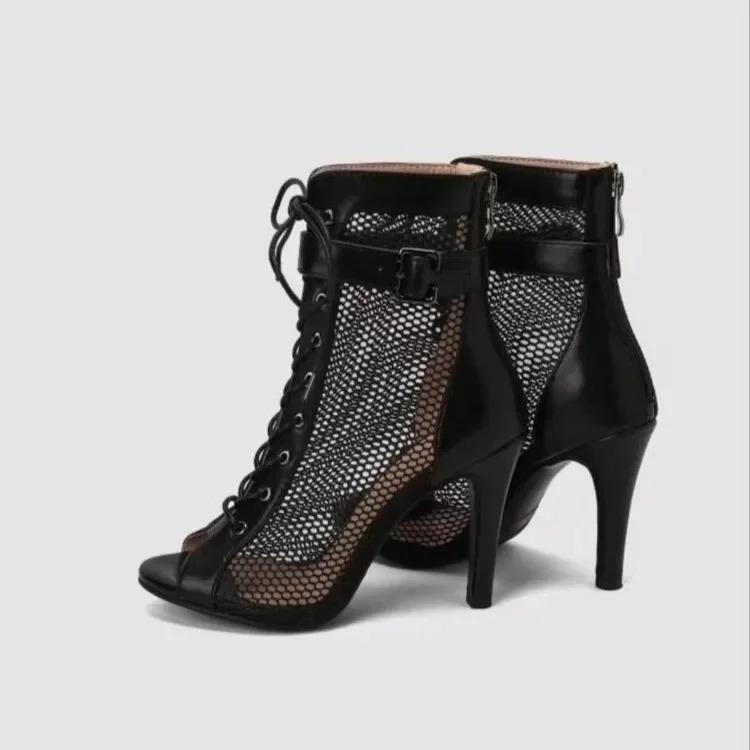 Модные босоножки на шнуровке, каблук 8 см, женская обувь, тренд лета 2025, черные, сексуальные, с открытым носком, ботильоны, модная ткань, шпильки, женские для джазовых танцев