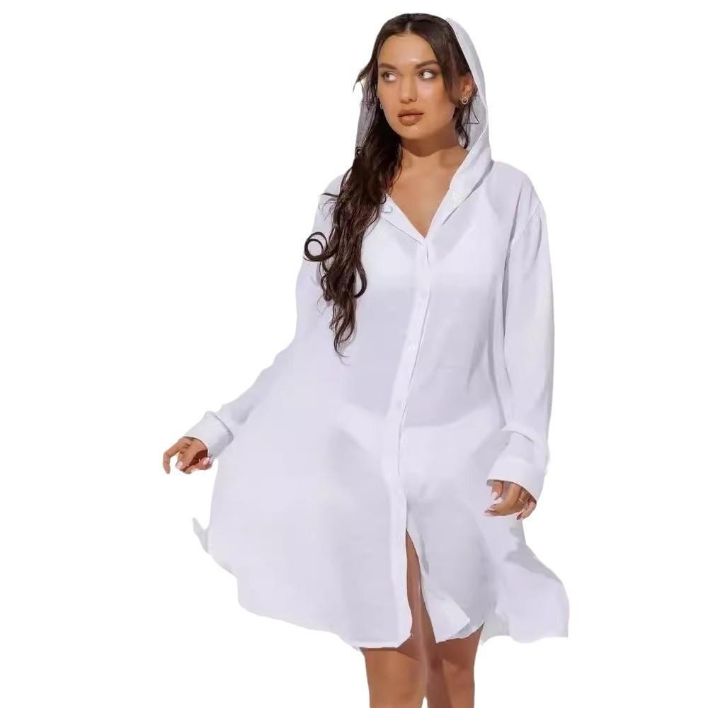 Solid Color Button Down Tunic Dress Long Sleeve Blouse Tops Beach Bikini Cover-up Vacation Outfit