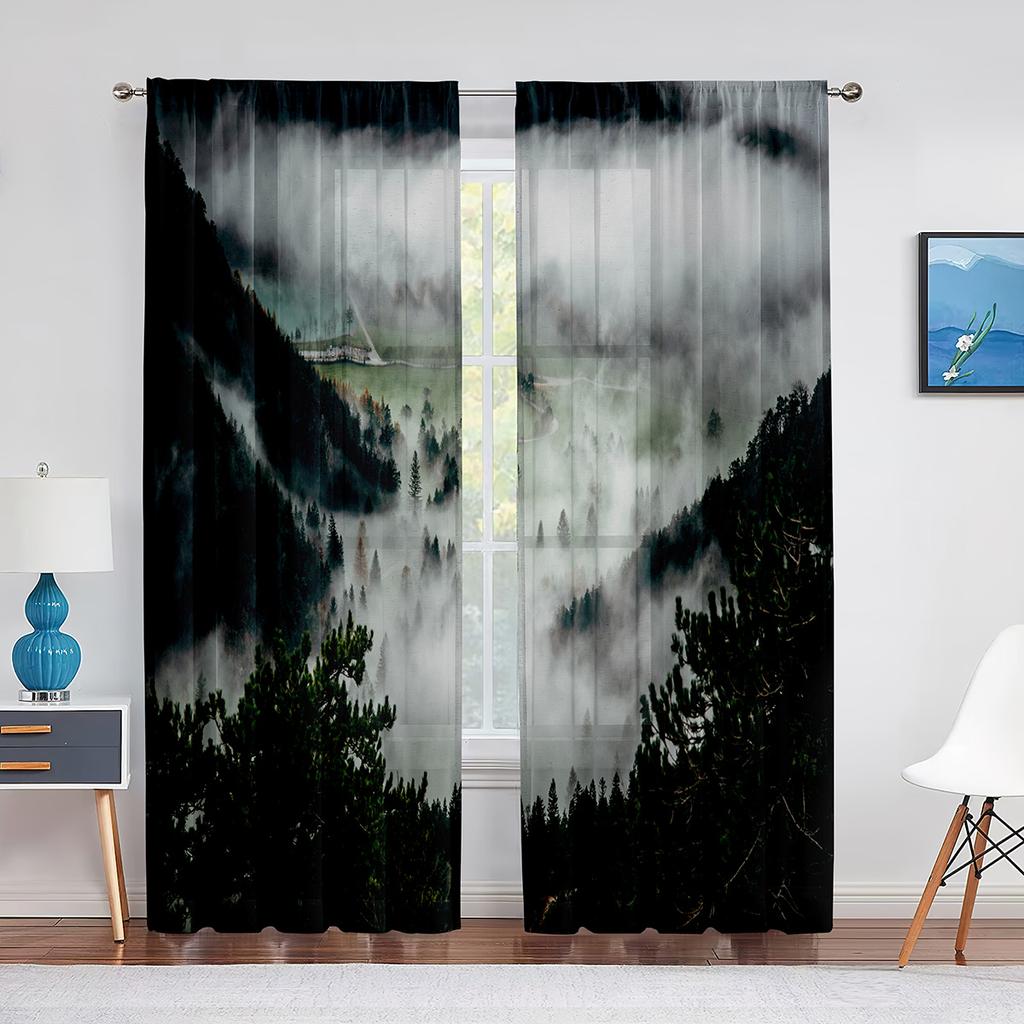 Туманный лес, прозрачная вуаль, туманная живописная зеленая природа, пейзаж, окно, тюлевые шторы для спальни, гостиной, кухни, декор