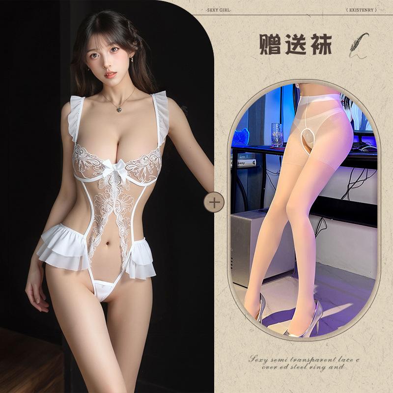Sexy Lingerie, Sexy Lace Embroidered Onesie, Women's Hollow Open Gear, Hot Breasts Gather