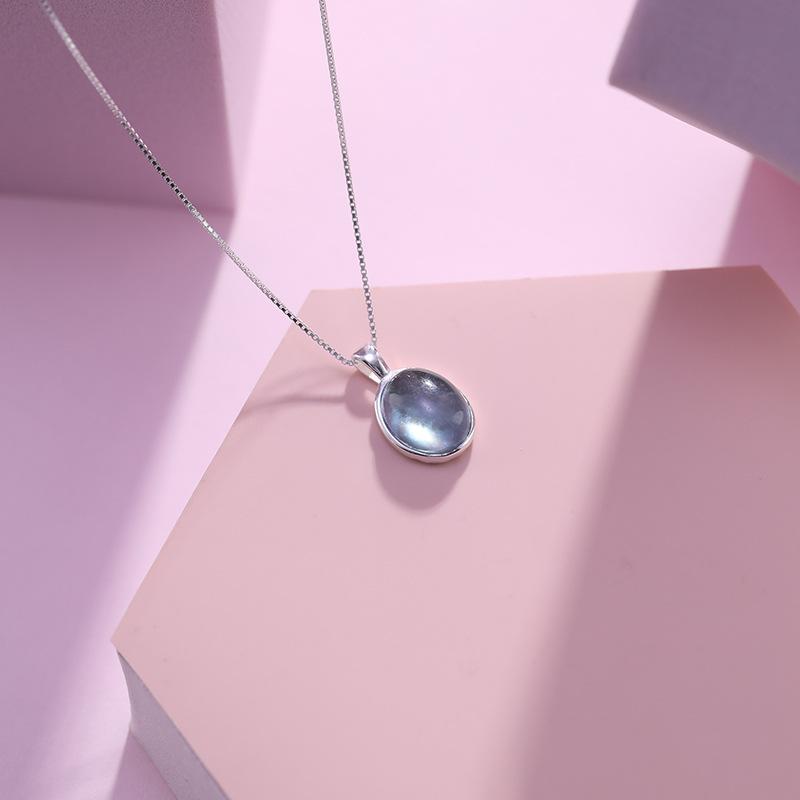 S925 Sterling Silver Natural Aquamarine Necklace for Women Elegant Oval Moonstone Pendant Clavicle Chain