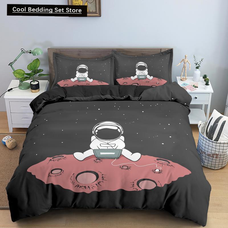 Cartoon Astronaut King Queen Duvet Cover Kawaii Spacecraft Bedding Set for Kids Outer Space Blue 2/3 Pcs Polyester Quilt Cover