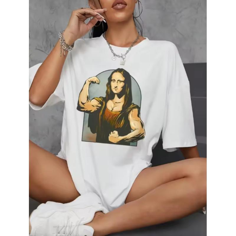 Playing Pranks on Mona Lisa Fitness Print Womens T Shirt Casual TShirt Casual Short Sleeve Loose Tshirt Women Clothes