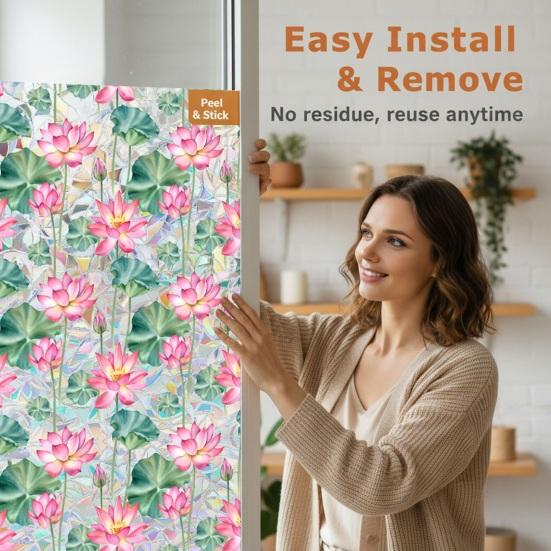 Цветочная витражная пленка для окон Лотос Ипомея Цветочная статическая наклейка на окно Снимаемая Декоративная Статическая наклейка Блокирующая УФ-излучение Наклейки для приватности для гостиной