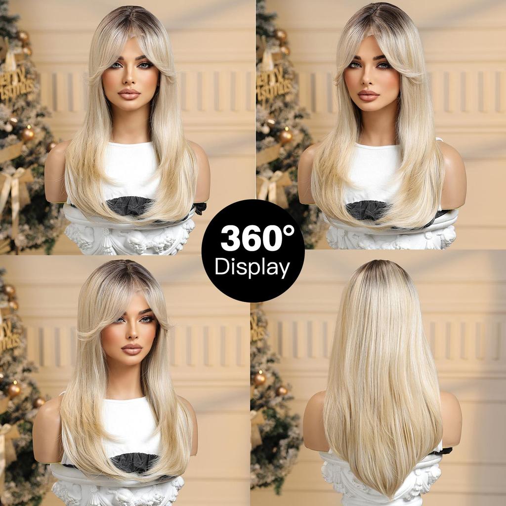 ALAN EATON Длинные прямые парики из кружевных волос, парик с эффектом омбре, блонд, коричневый, с челкой, термостойкое волокно