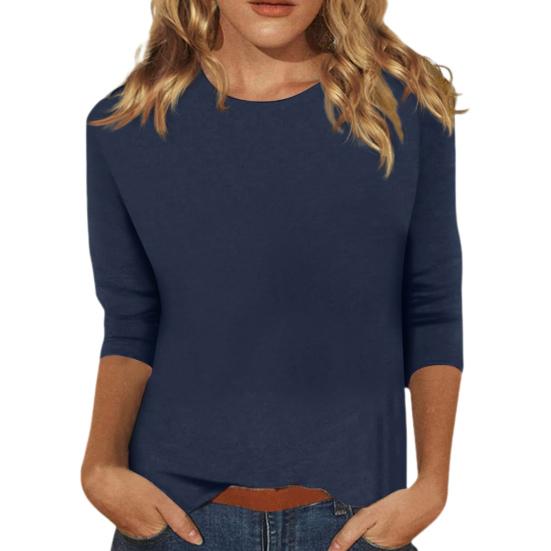 Women Casual T-shirt O-neck 3/4 Sleeve Pullover Tops Solid Color Slim Fit Tunic Tops Stretchy Tee Shirt Streetwear