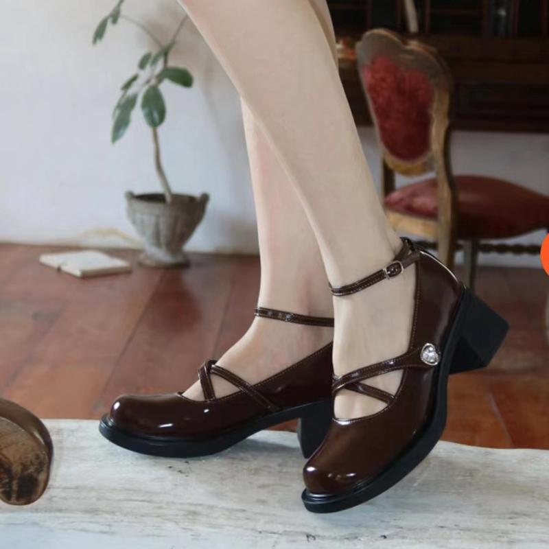 Модные туфли-лодочки с перекрестными ремешками на толстом каблуке для женщин 2024 года, новые черные коричневые туфли Мэри Джейн на высоком каблуке, женские туфли с круглым носком в студенческом стиле Zapato Mujer