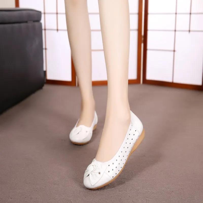 Women's Female Ladies Mother Woman Flats Shoes Loafers Genuine Leather Slip On Summer Round Toe Size 35-43