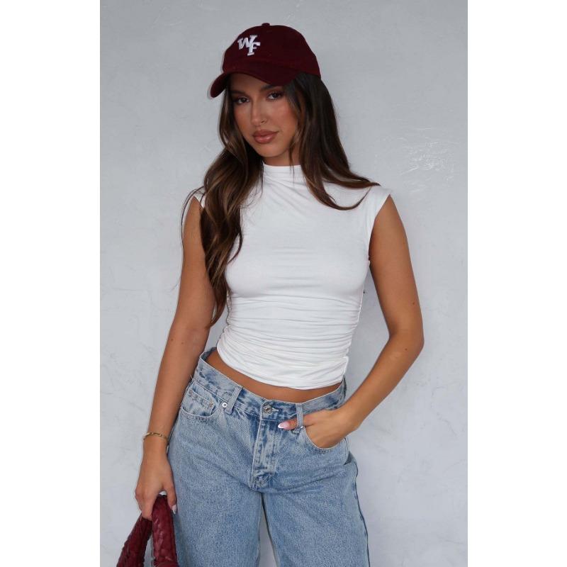 Женский летний однотонный плиссированный тонкий топ без рукавов с полувысоким воротом и простым комфортом