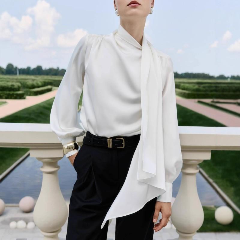 Womens Elegant French Style Wrap Neck Long Sleeve Blouse Loose Fit Office Wear Pure Color Shirt