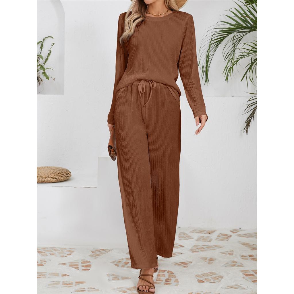 Женские комплекты свободного покроя из трикотажного жаккарда с длинными рукавами и круглым вырезом, брюки с высокой талией и завязками