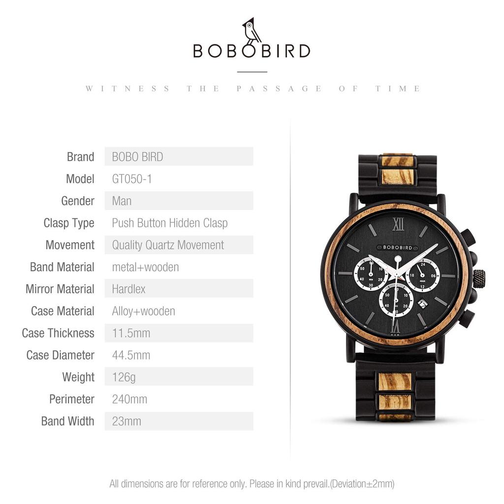 BOBO BIRD 2021 Новые часы Деревянные часы Аналоговые кварцевые повседневные деревянные часы с подарочной коробкой Мужские (черный)