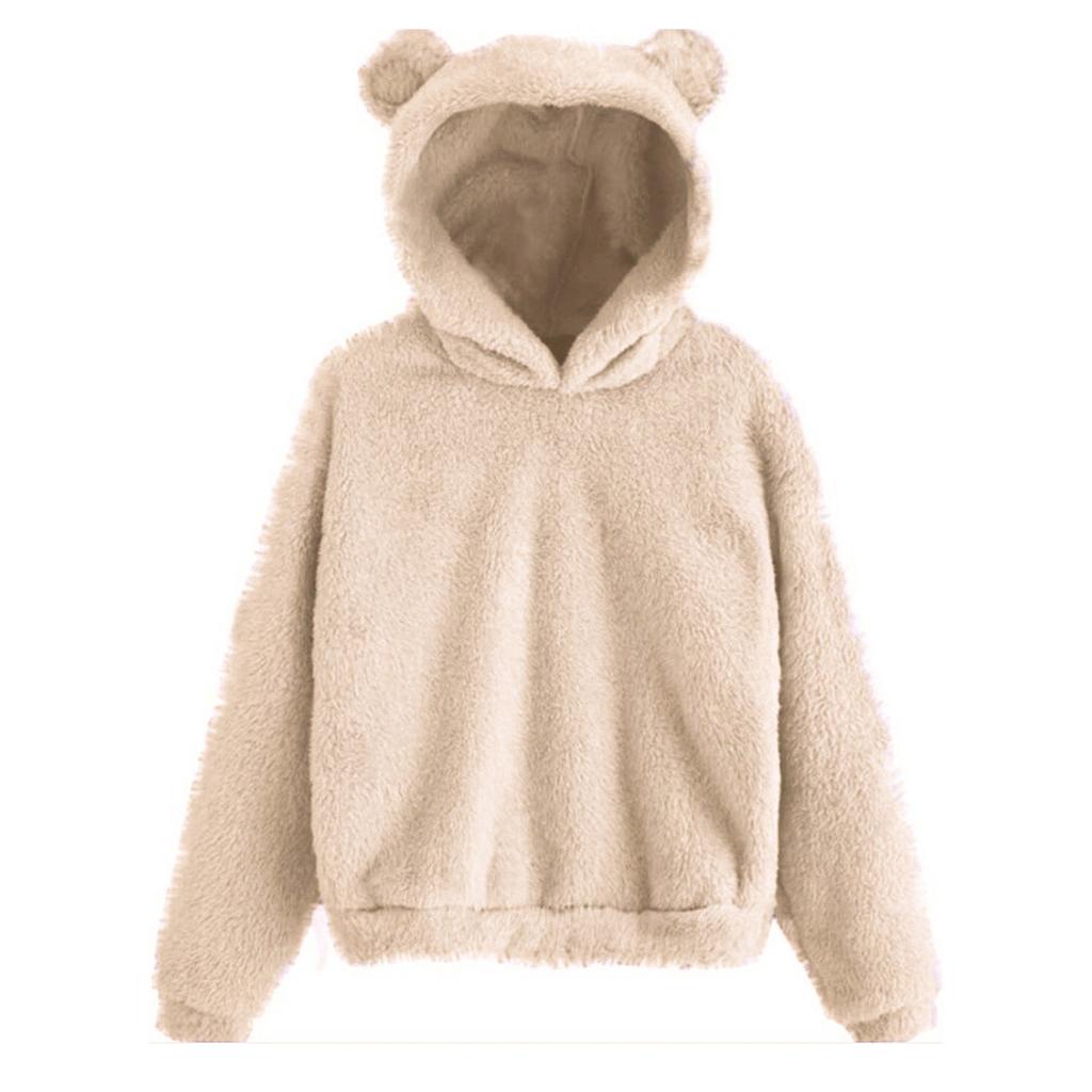 Women's Fashion Long Sleeve Solid Color Fleece Ears Hooded Warm Sweater Sweatshirt