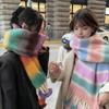 Women Scarf Rainbow Color Striped Scarf with Plush Balls Tassel Winter Thickened Warm Couple Scarf Versatile Wear