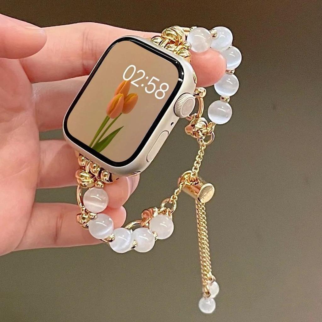 Элегантный металлический ремешок с кристаллами и бусинами для Apple Watch Series 9, 8, 7, 6, SE, Ultra - Регулируемый и стильный для женщин